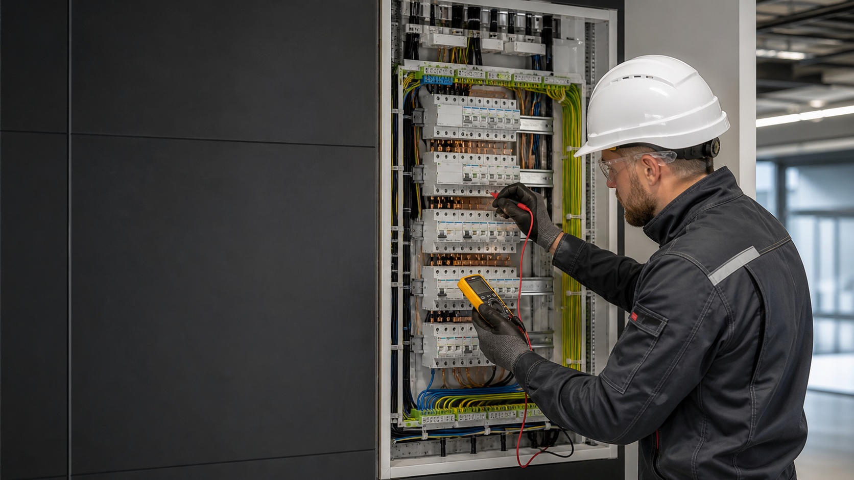 Elektryk wykonujący pomiary nowoczesnej rozdzielnicy elektrycznej