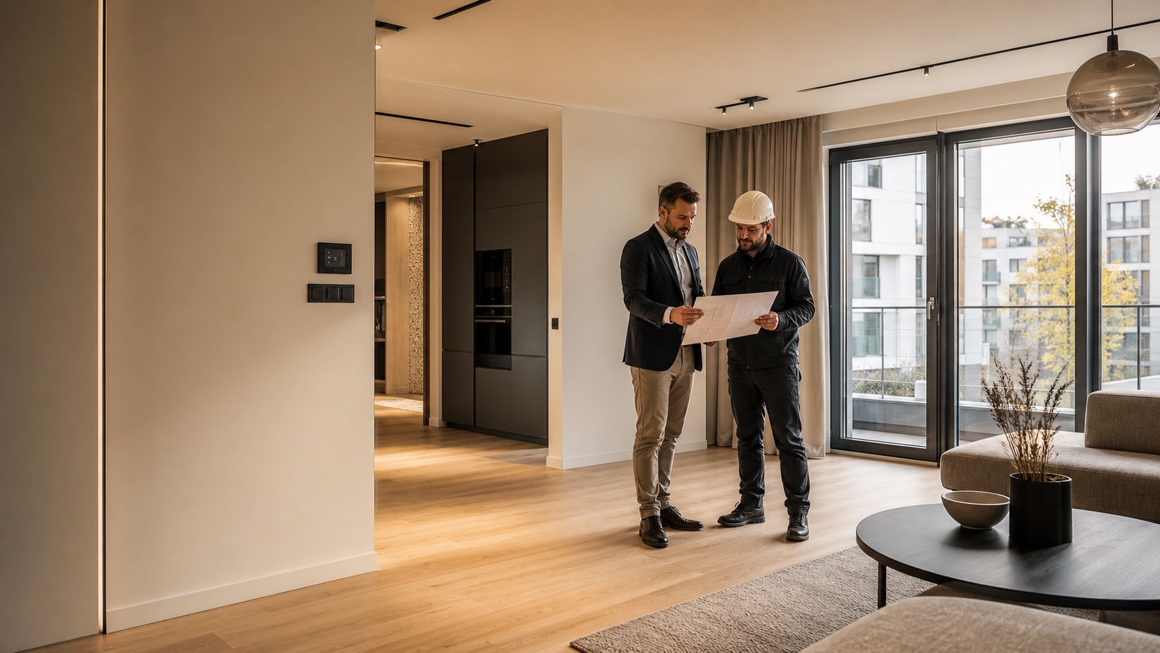 Deweloper i inżynier omawiający system smart home w nowym mieszkaniu