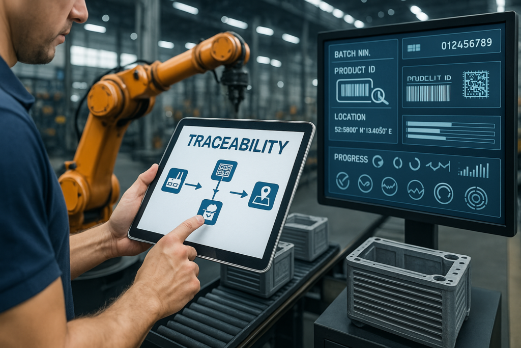 Koszty wdrożenia traceability — fabryka z RFID i tablet z danymi ROI.