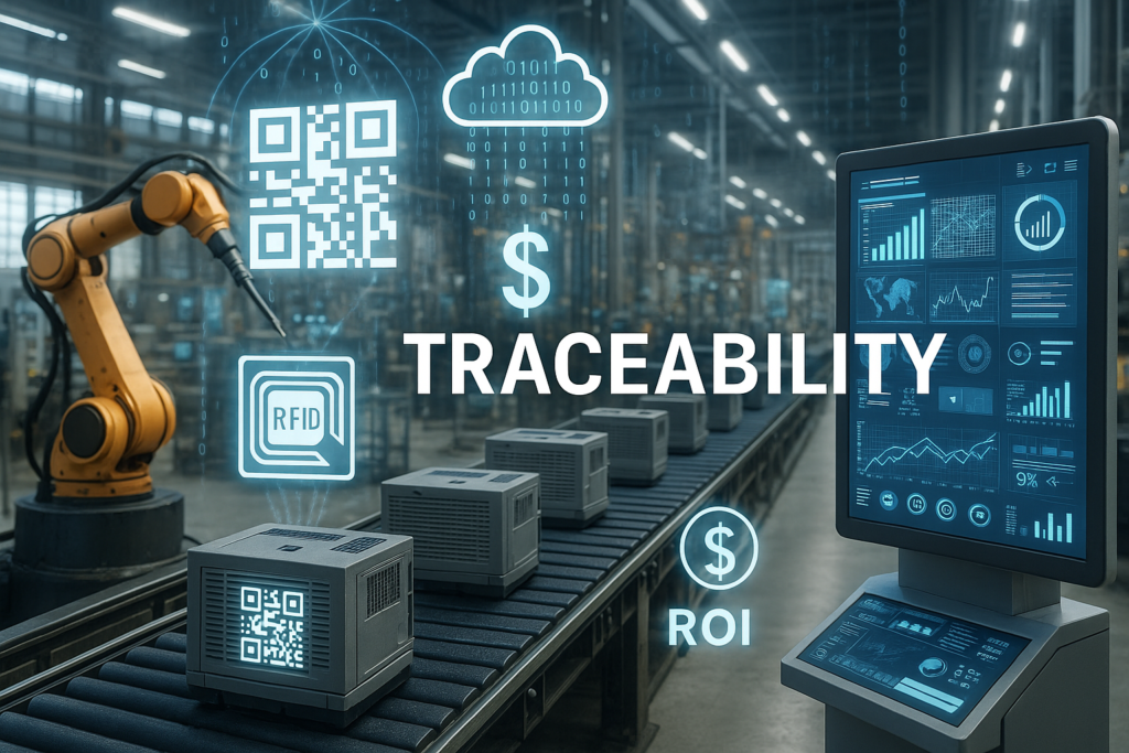 Traceability w nowoczesnej fabryce — linia produkcyjna, kody QR, RFID i cyfrowe dane w chmurze.