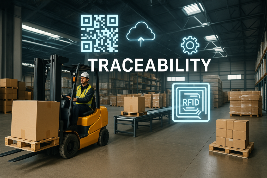 Traceability w nowoczesnej fabryce — linia montażowa z etykietami RFID i kodami QR, pracownicy analizują dane na laptopie.