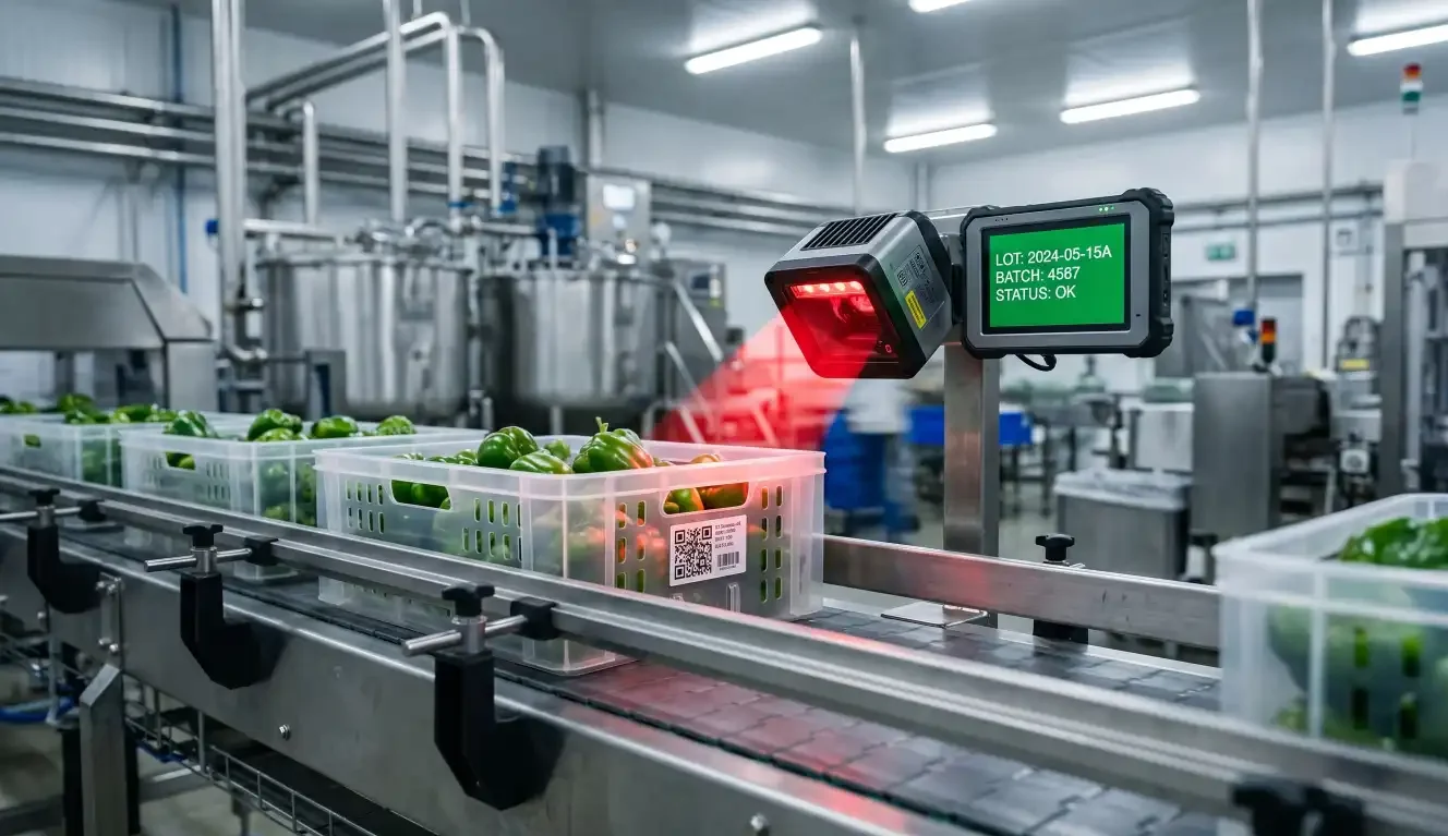 Automatyczny skaner kodów QR na linii produkcyjnej w zakładzie spożywczym integrujący system traceability z produkcją.