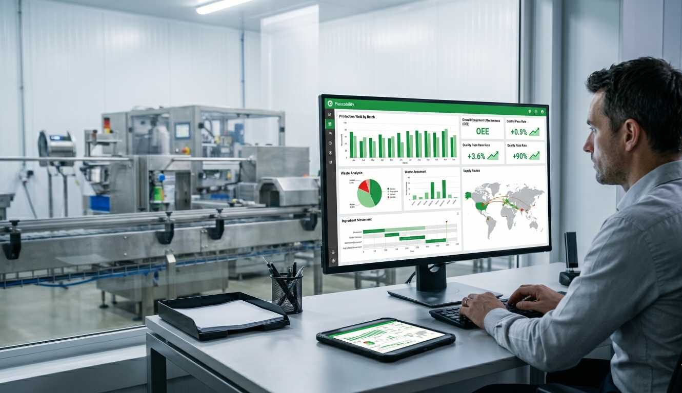 Pulpit menedżerski z wykresami analizy danych produkcji i jakości w systemie traceability dla branży spożywczej.