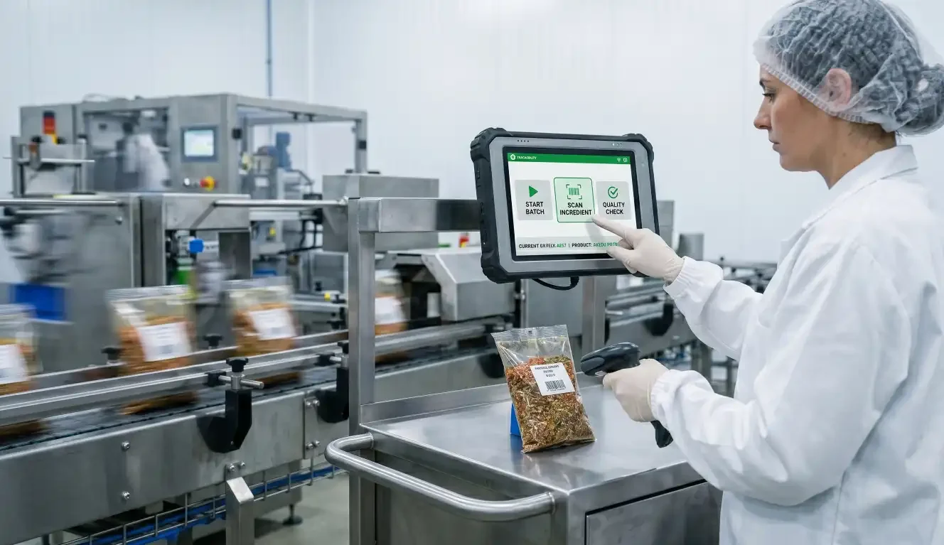 Pracownik branży spożywczej obsługujący intuicyjny system traceability na tablecie przemysłowym przy linii pakowania.