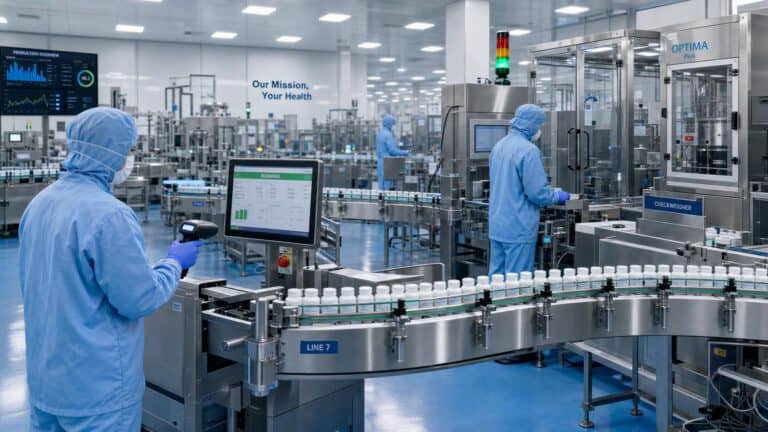 Nowoczesna hala produkcyjna w farmacji z automatyzacją i kontrolą produkcji