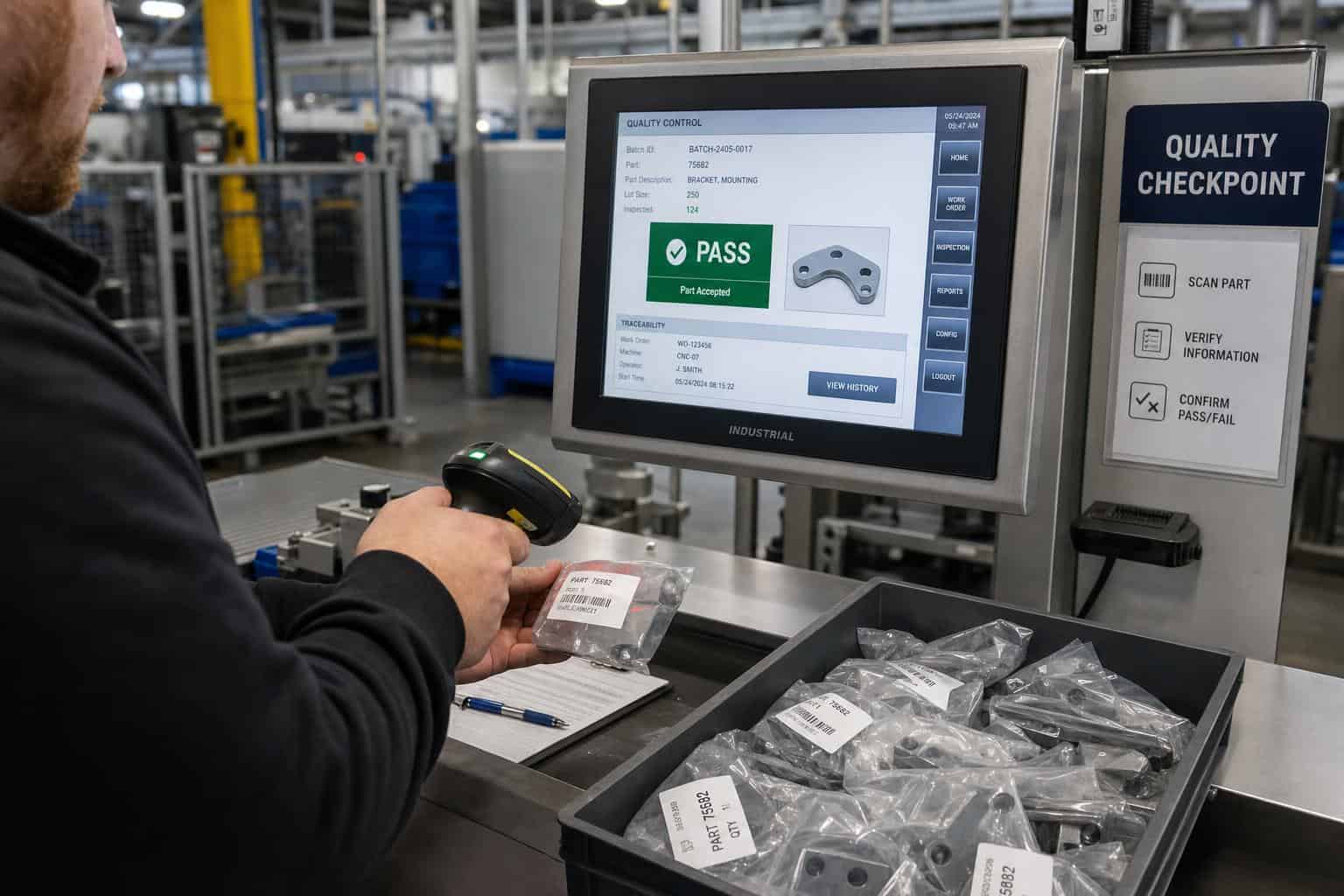 Stanowisko kontroli jakości z systemem śledzenia partii produkcyjnej